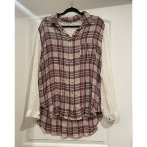Free People Plaid Lace Button-Up Shirt Blouse Womens Size Medium